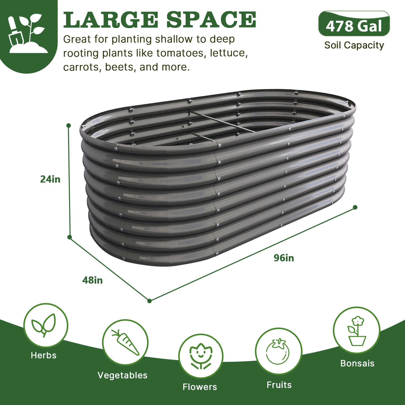 Set of 6: 8x4x2ft Oval Modular Metal Raised Garden Beds (Grey)