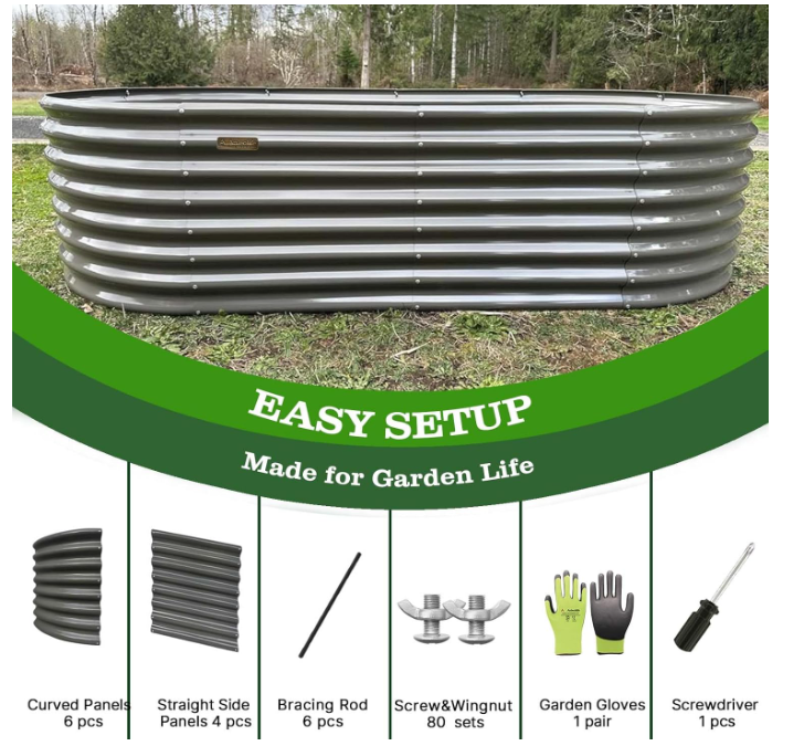 Set of 6: 8x4x2ft Oval Modular Metal Raised Garden Beds (Grey)