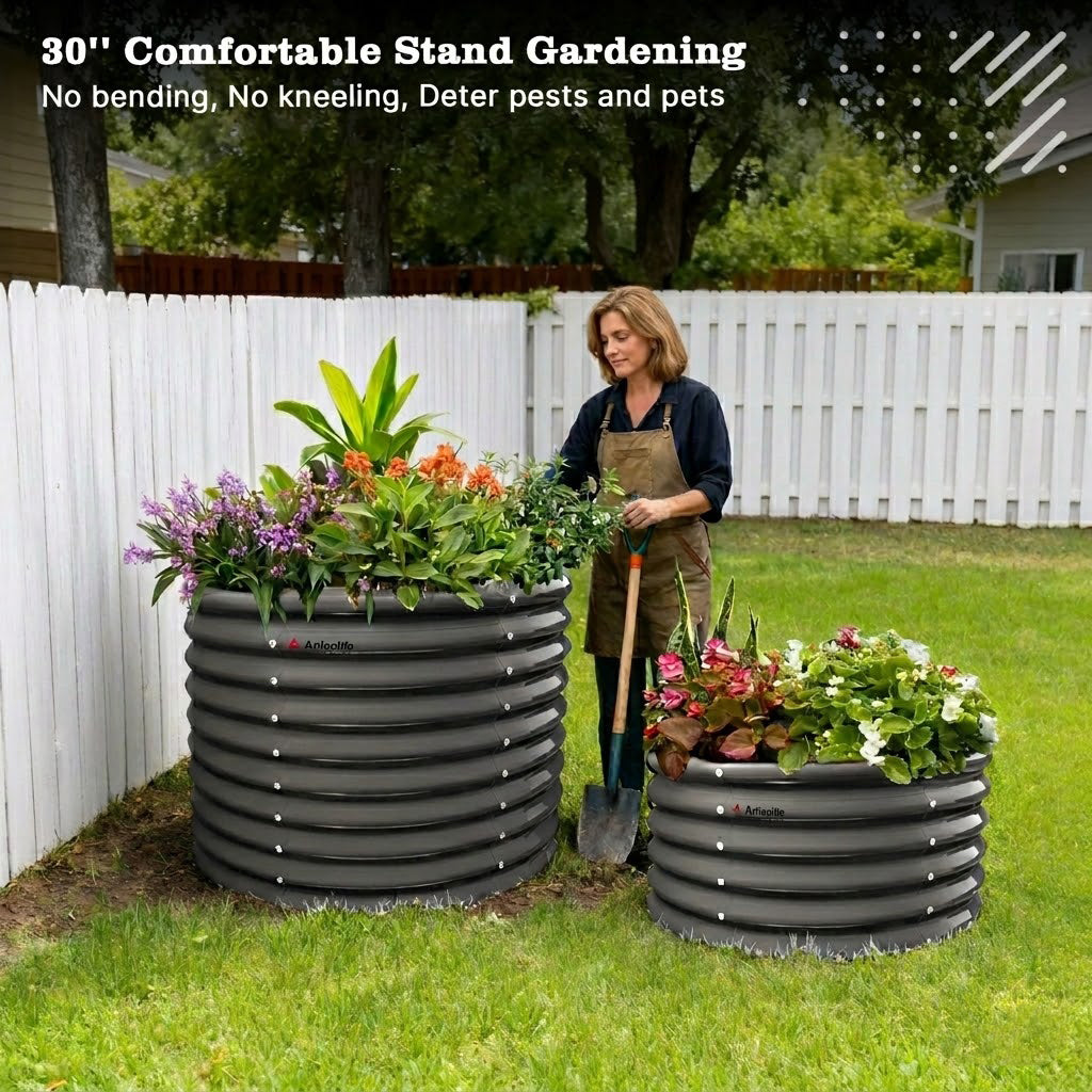 30'' Tall_3x2.5ft Round Metal Raised Garden Beds (Coffee/Grey)