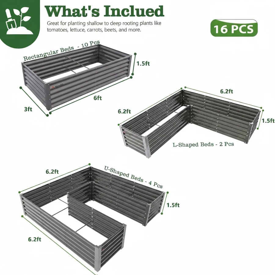 
18" Tall Modular Raised Garden Bed Set, 16-Pack Layout for Customizable Gardening