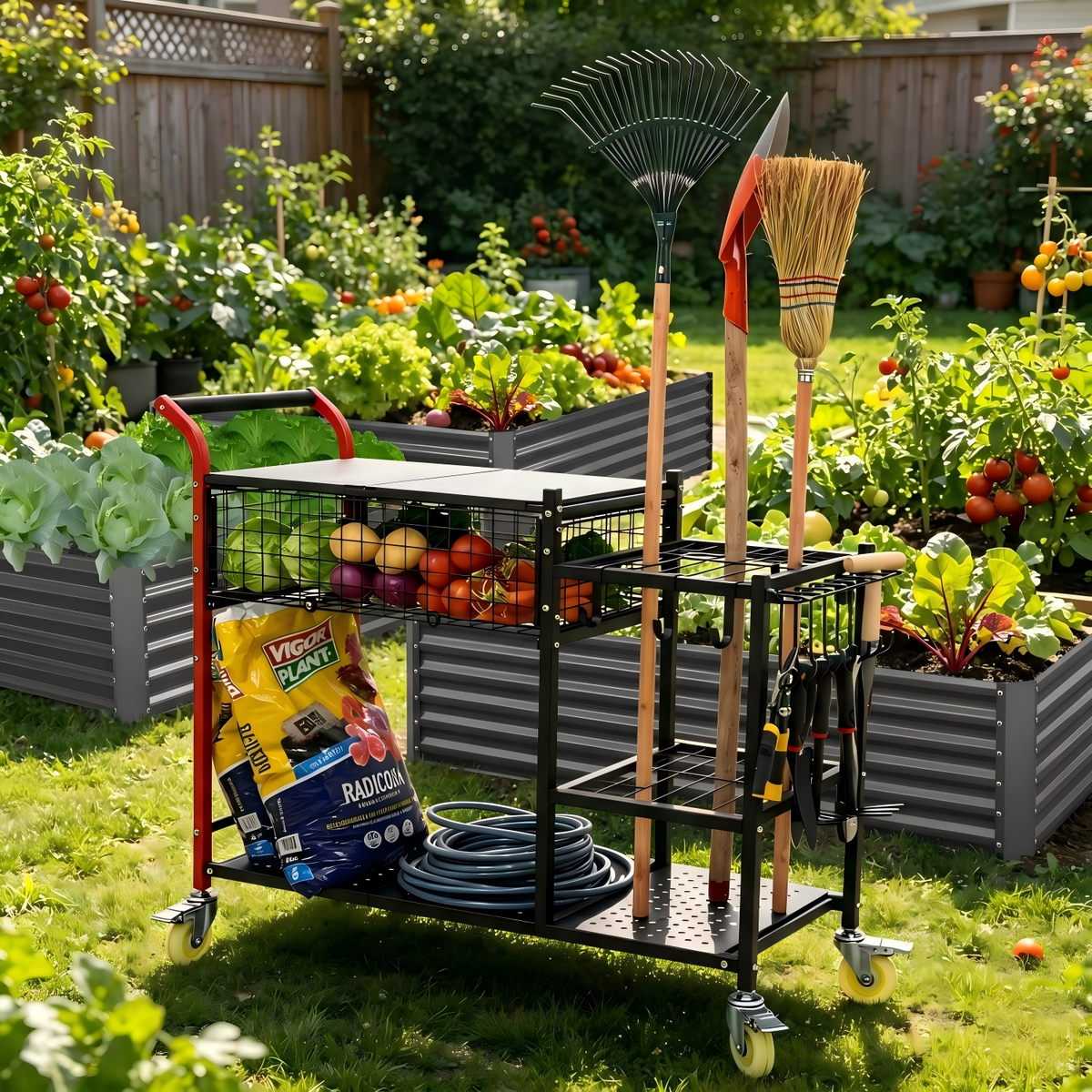 Mobile Garden Tool Cart with Storage and Planting Bench