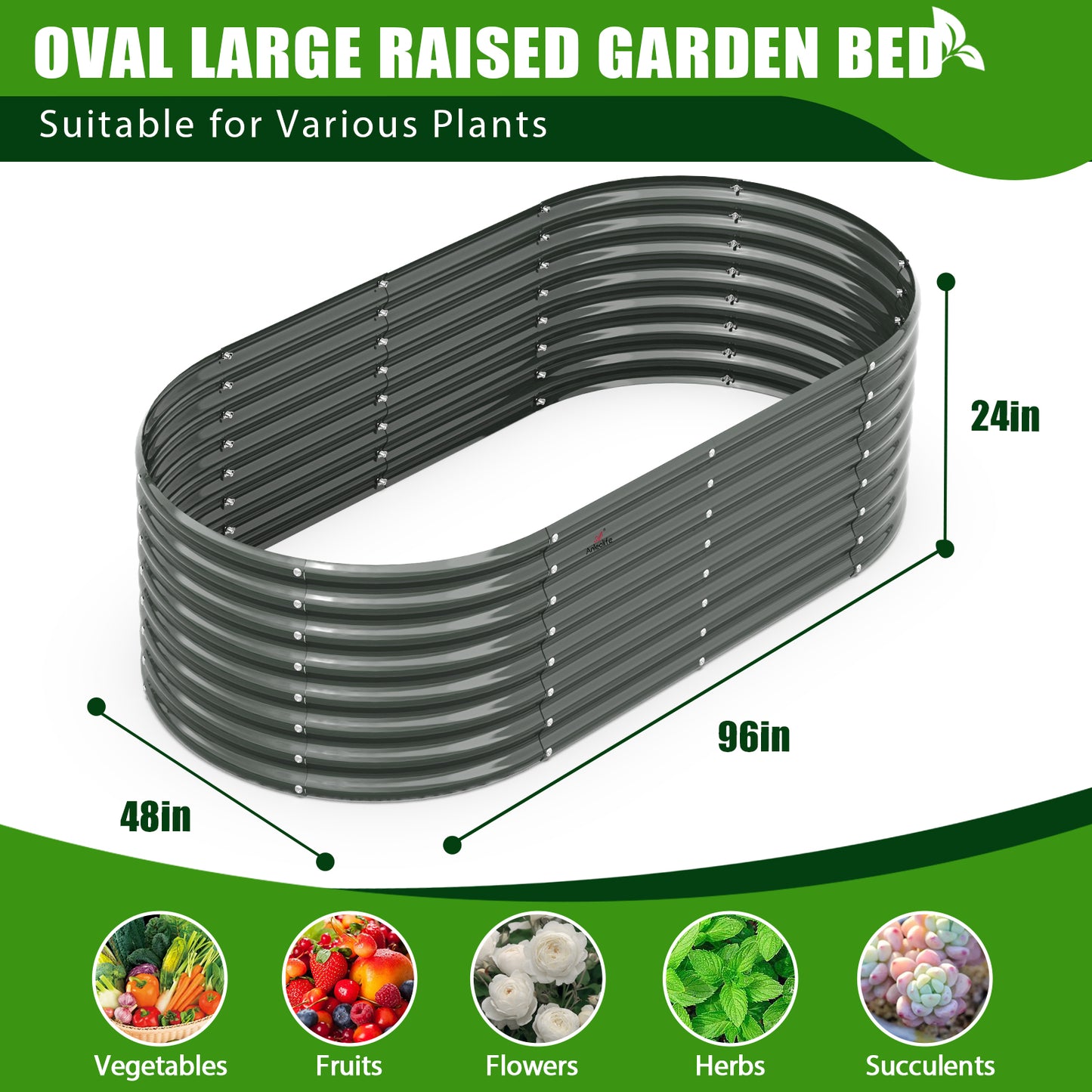 Set of 3: 8x4x2ft Oval Modular Metal Raised Garden Beds (Grey)