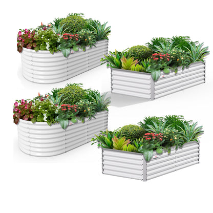 Set of 4: 2 pcs (8x4x1.5ft) + 2 pcs (6x3x2ft) Oval & Rectangular Metal Raised Garden Beds (White)