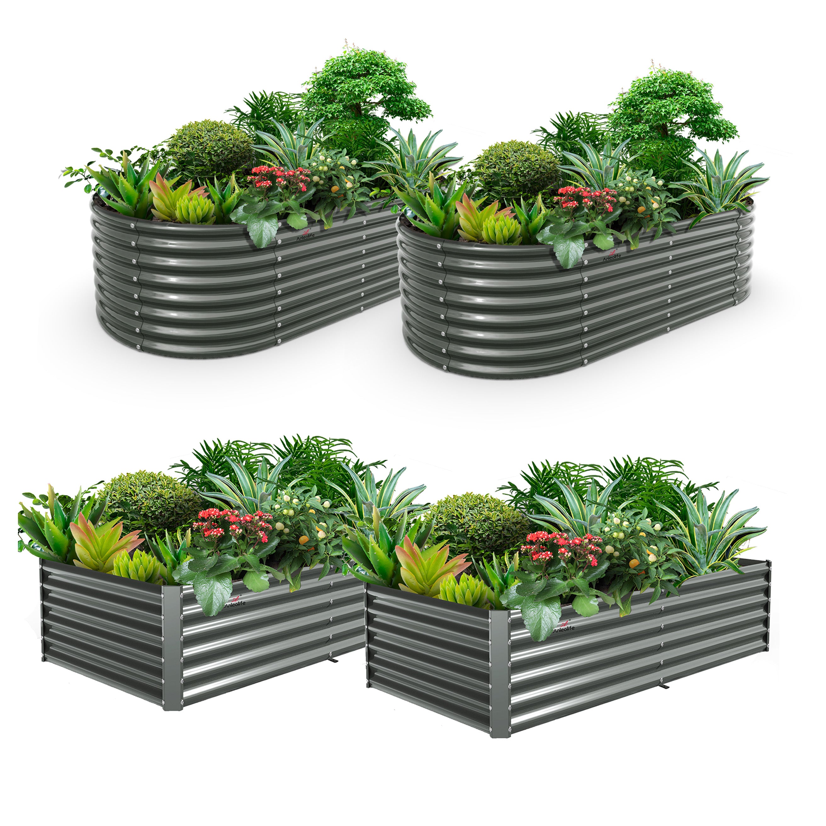 Set of 4:  8x4x2ft Oval and 8x4x1.5ft Rectangular Modular Metal Raised Garden Beds (Grey)