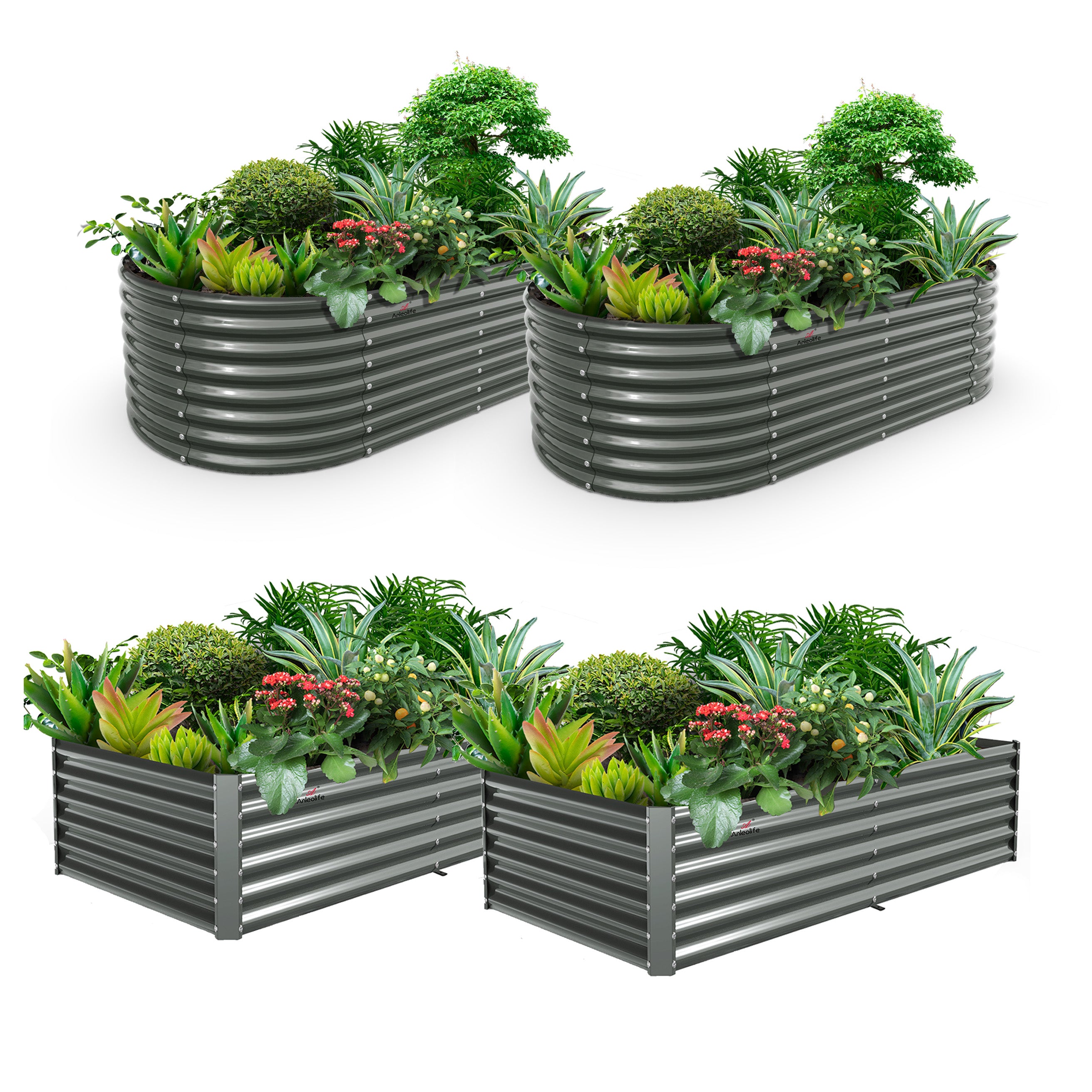 Set of 4:  8x4x2ft Oval and 8x4x1.5ft Rectangular Modular Metal Raised Garden Beds (Quartz Gray)