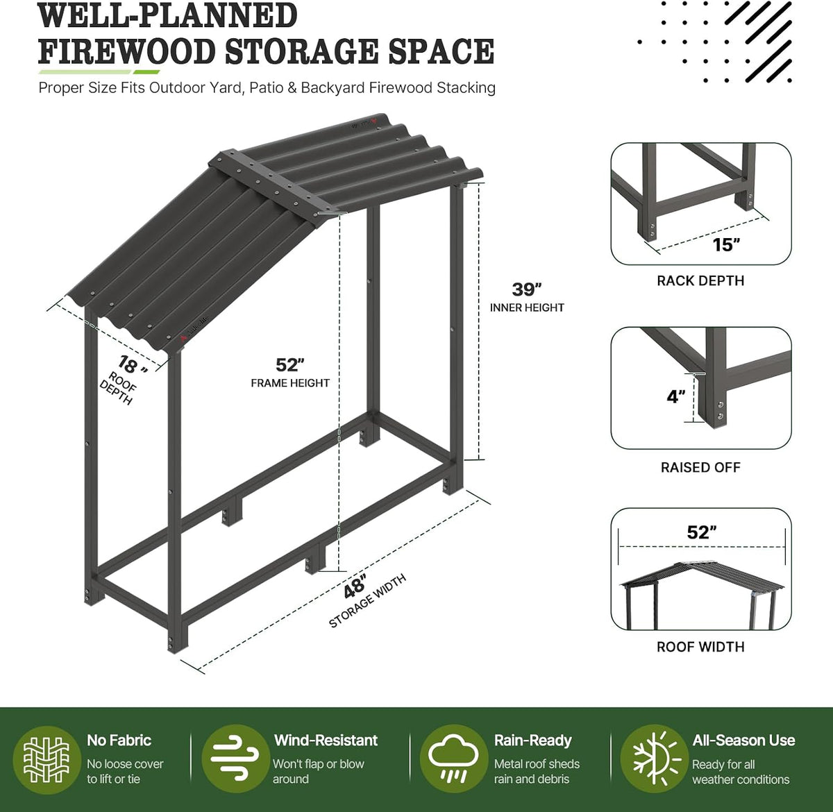 
24 Cubic Ft Outdoor Firewood Storage Shed, Heavy-Duty Galvanized Steel Log Rack with Metal Hardtop, 48"W × 18"D × 52"H
