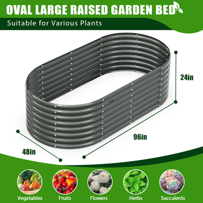 Set of 4: 4x1.5ft Round & 8x4x2ft Oval Metal Raised Garden Beds (Grey)