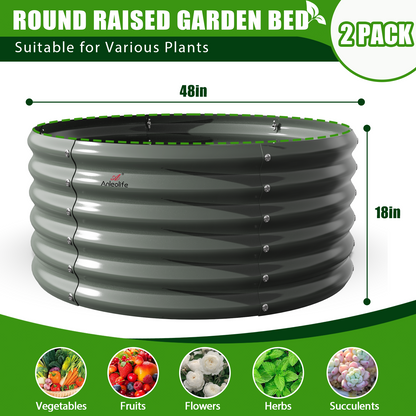 Set of 4: 4x1.5ft Round & 8x4x2ft Oval Metal Raised Garden Beds (Grey)