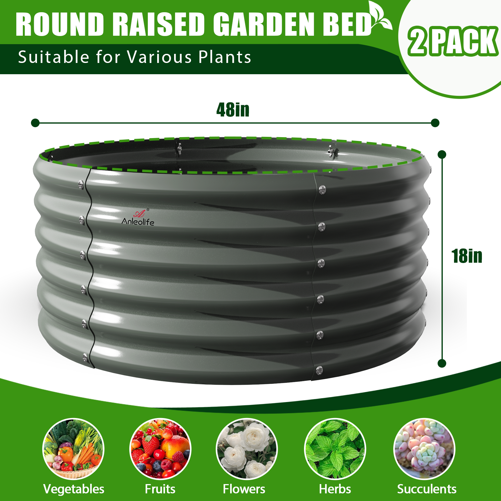 Set of 4: 4x1.5ft Round & 8x4x2ft Oval Metal Raised Garden Beds (Quartz Gray)