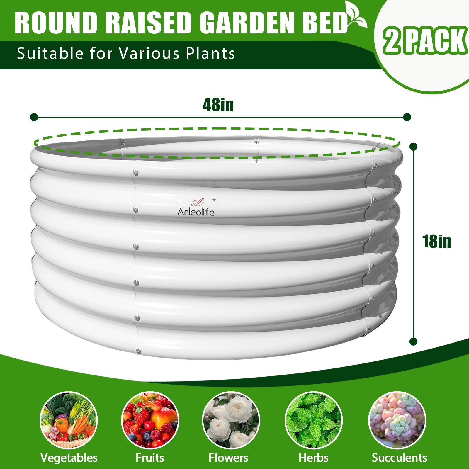 Set of 4: 48"x48"x18" Round Metal Raised Garden Beds (Classic White/Quartz Gray)