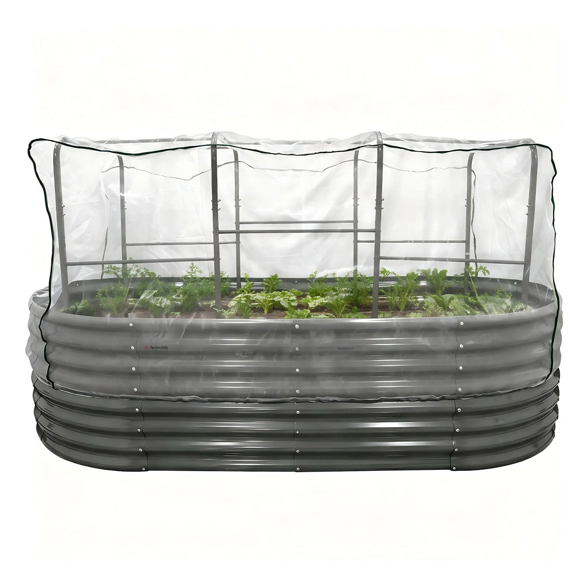 24" Extra-Tall 8 × 4 ft Oval Raised Garden Bed System, Galvanized Steel Kit with 72" × 37" × 33" Tunnel Trellis and Pest Mesh