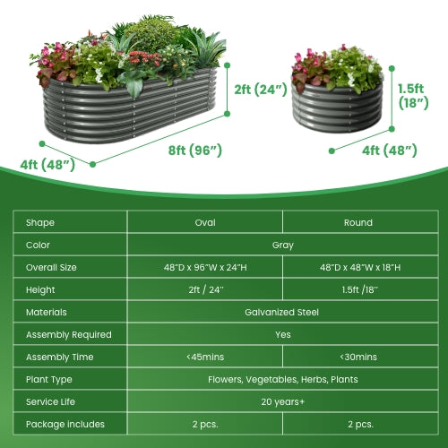Set of 4: 4x1.5ft Round & 8x4x2ft Oval Metal Raised Garden Beds (Quartz Gray)