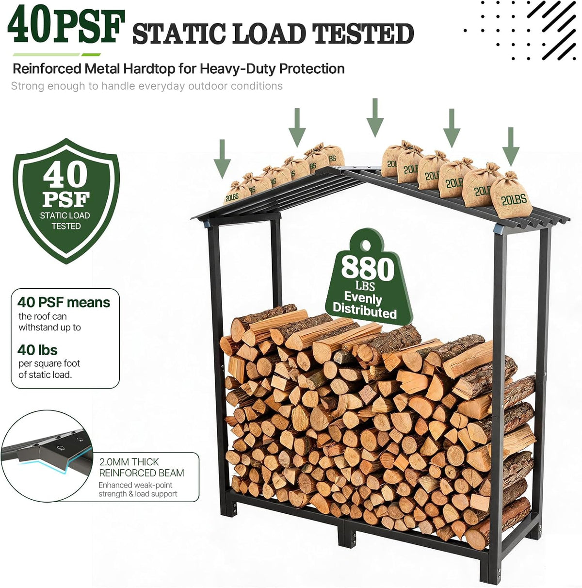 
24 Cubic Ft Outdoor Firewood Storage Shed, Heavy-Duty Galvanized Steel Log Rack with Metal Hardtop, 48"W × 18"D × 52"H