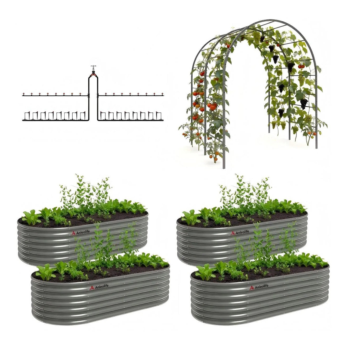24" Extra Tall 3-Part Garden System, 4 Raised Garden Beds with Arch Trellis and Drip Irrigation Kit