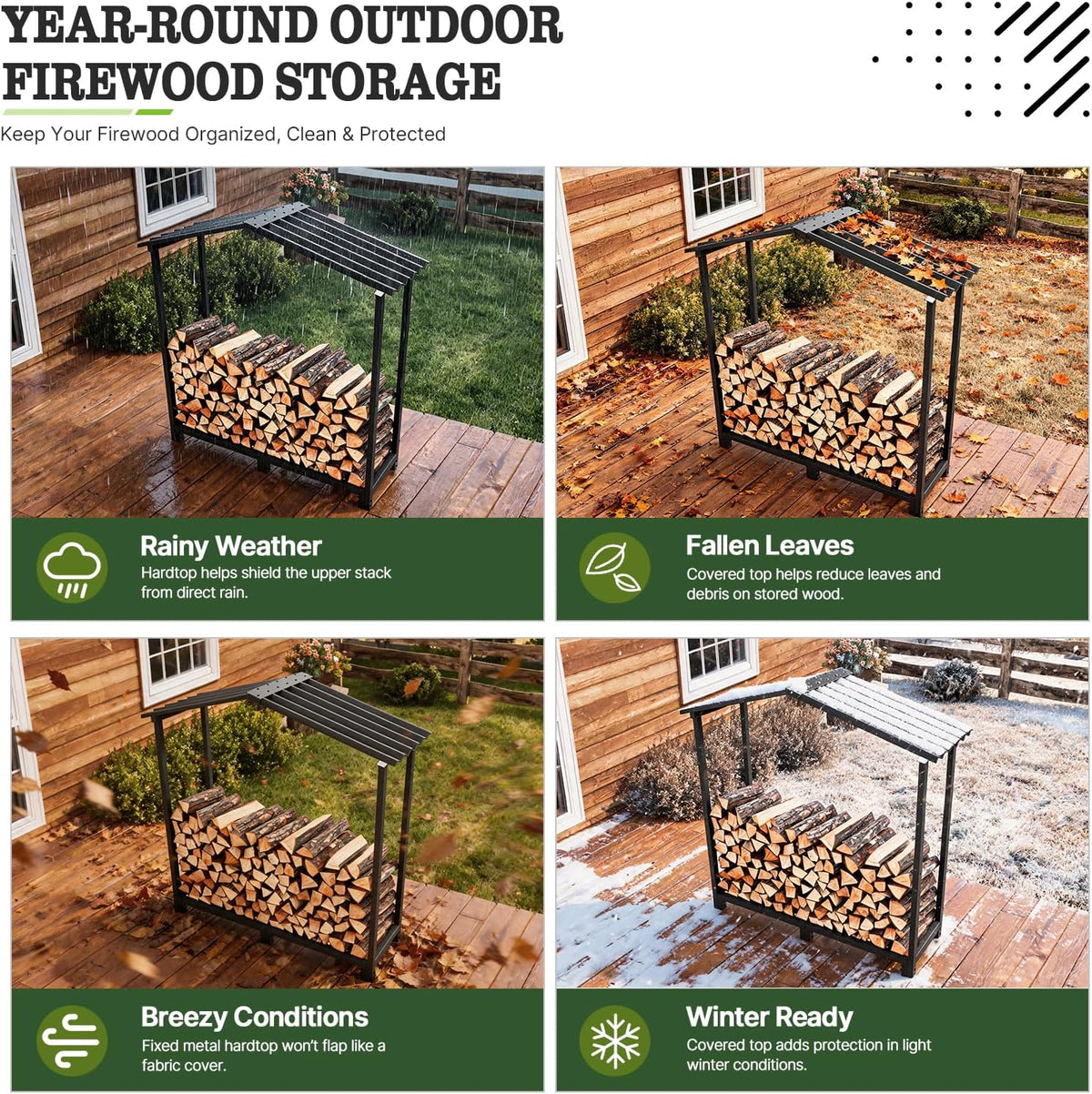 
24 Cubic Ft Outdoor Firewood Storage Shed, Heavy-Duty Galvanized Steel Log Rack with Metal Hardtop, 48"W × 18"D × 52"H