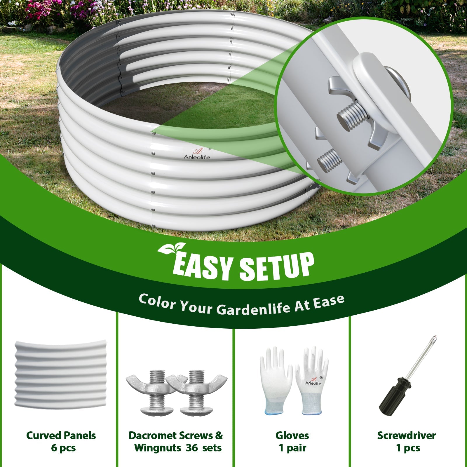 Set of 4: 48"x48"x18" Round Metal Raised Garden Beds (Classic White/Quartz Gray)