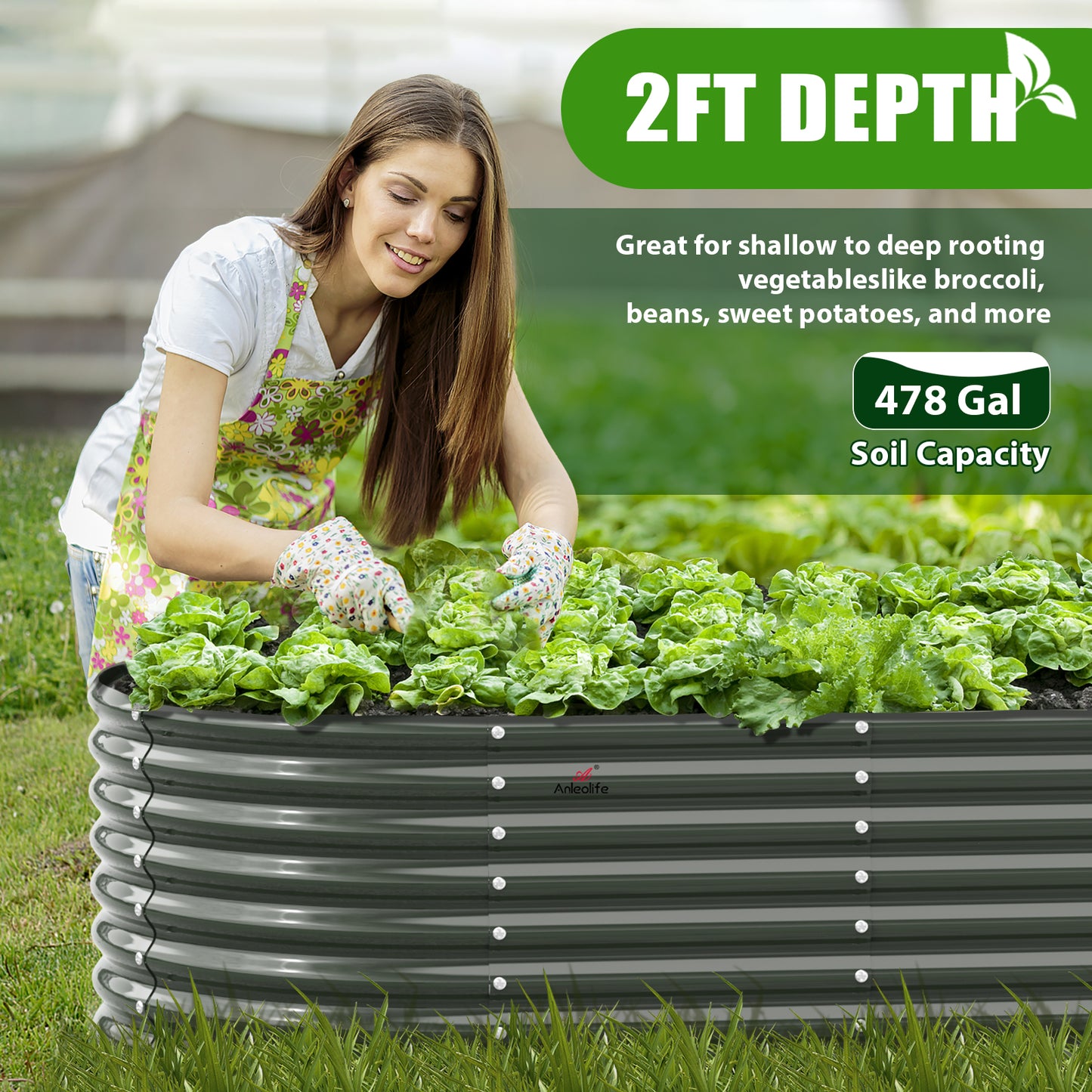 Set of 12: 8x4x2ft Oval Modular Metal Raised Garden Beds (Grey)