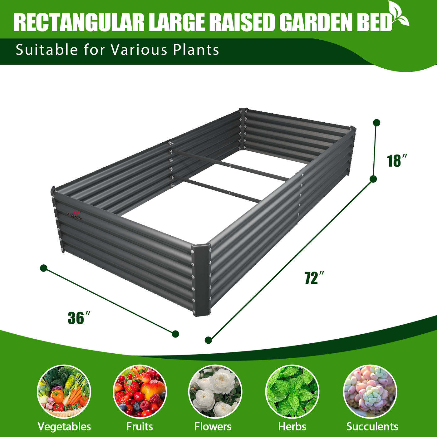 6x3x1.5ft Rectangular Modular Metal Raised Garden Bed (Grey)