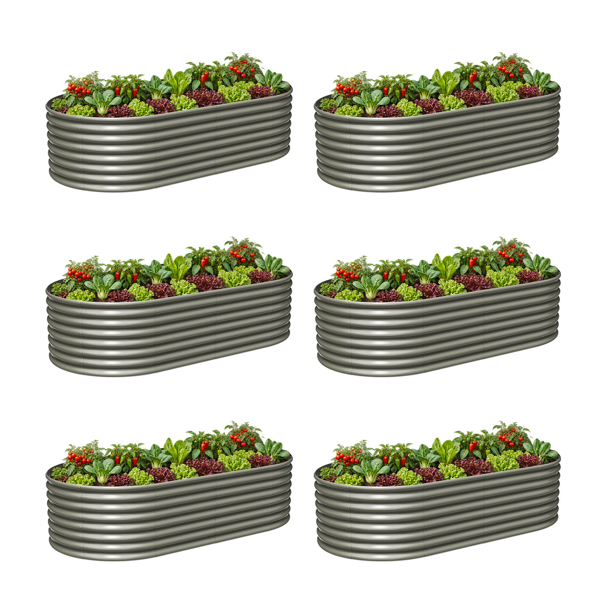 Set of 6: 8x4x2ft Oval Modular Metal Raised Garden Beds (Quartz Gray)