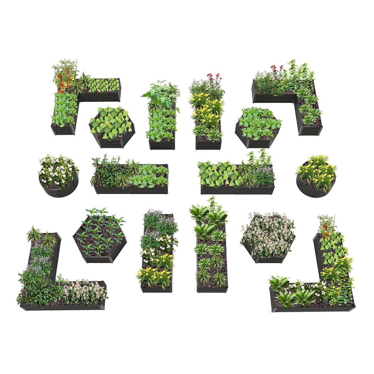 18" Tall Modular Raised Garden Bed Set, 16-Piece Grey Layout for Customizable Gardening
