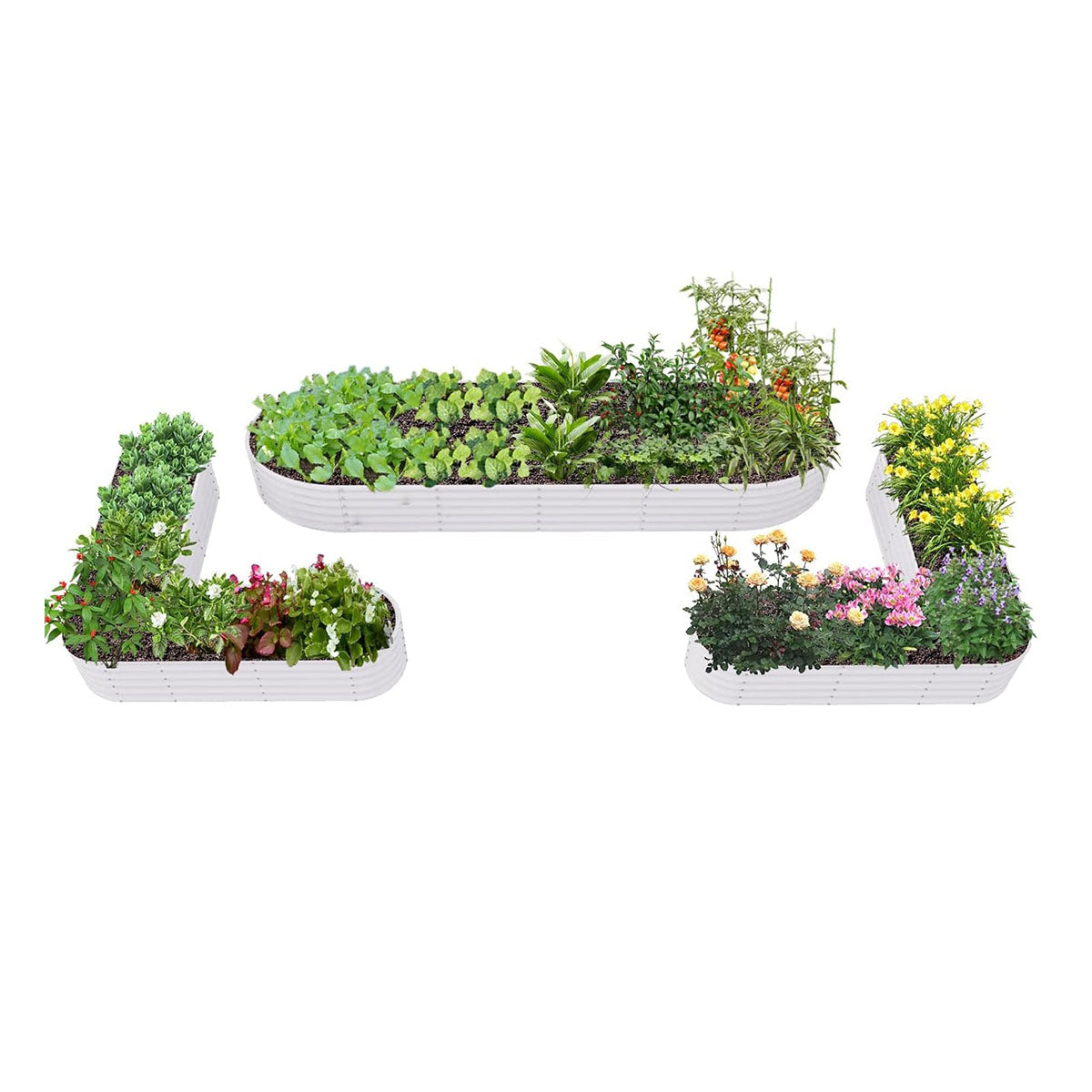 18" Tall Set of 3 Raised Garden Beds, Oval & V-Shape Garden Layout