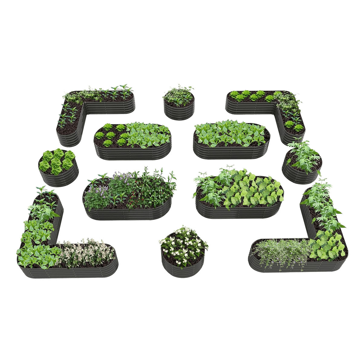 18" Tall Set of 12 Galvanized Raised Garden Beds, Modular Mixed-Shape Garden Layout
