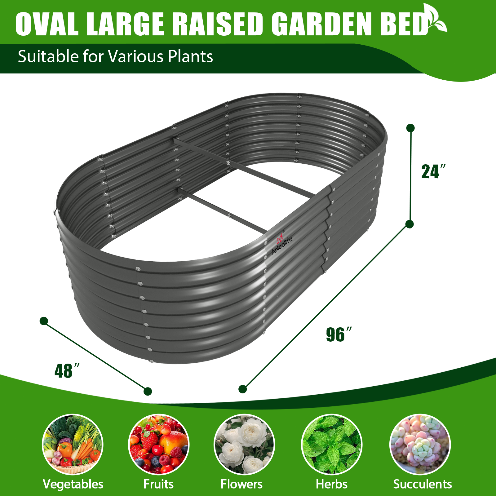 Set of 4: 4x1.5ft Round & 8x4x2ft Oval Metal Raised Garden Beds (Quartz Gray)