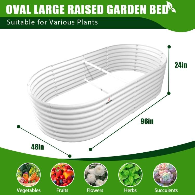 8x4x2ft Oval Modular Metal Raised Garden Bed (Classic White)