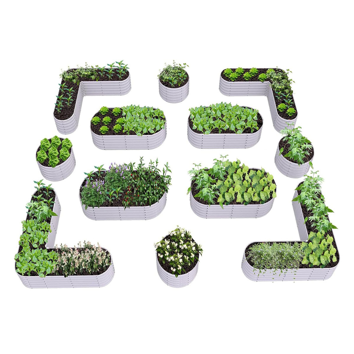 18" Tall Set of 12 Galvanized Raised Garden Beds, Modular Mixed-Shape Garden Layout