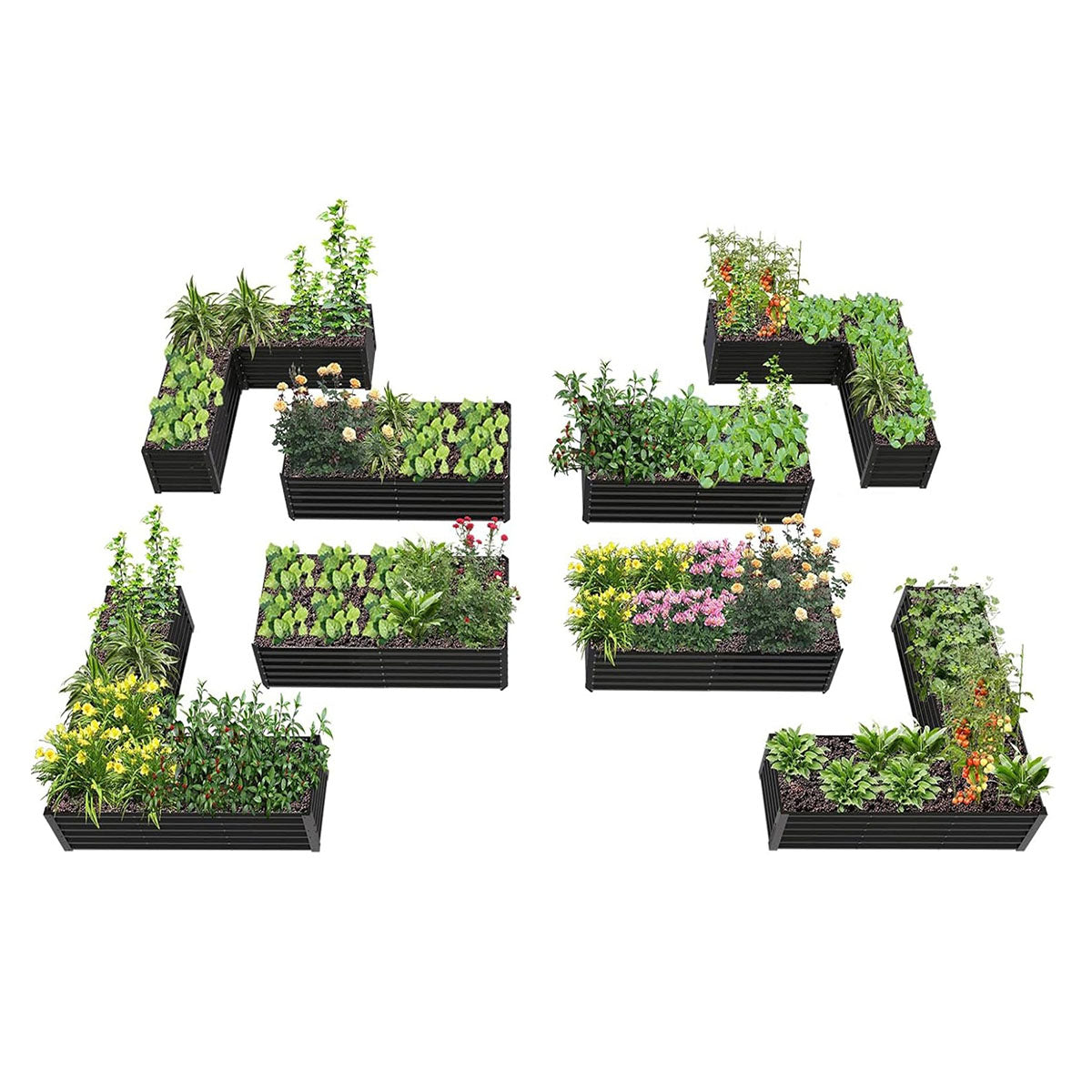 18" Tall Set of 8 Raised Garden Beds, L-Shape & Rectangle Layout