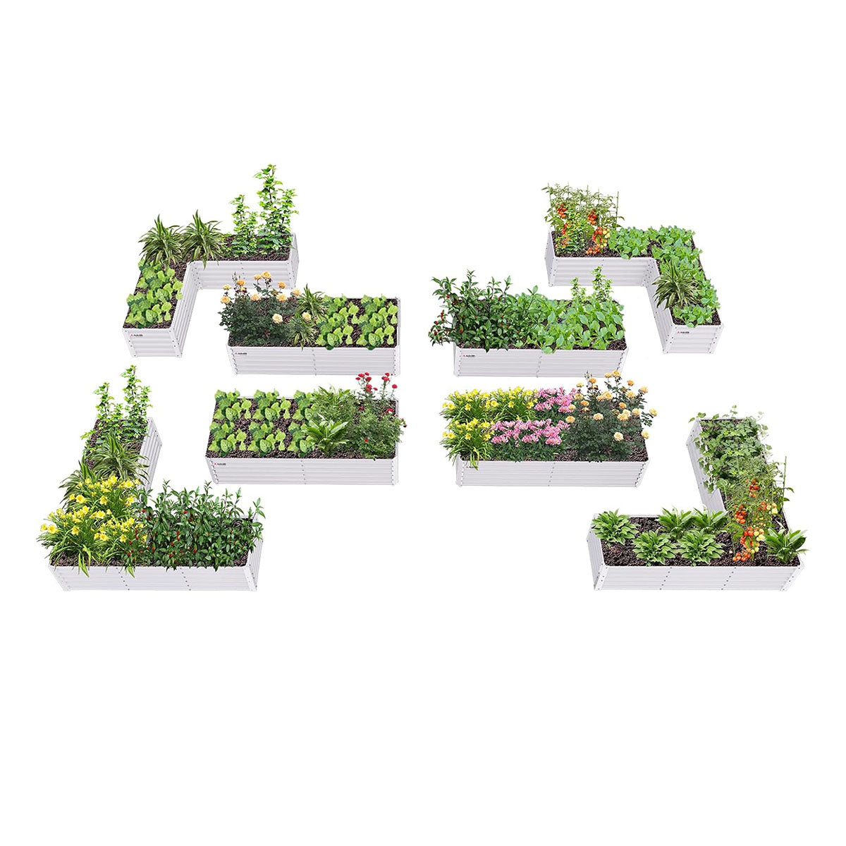 18" Tall Set of 8 Raised Garden Beds, L-Shape & Rectangle Layout