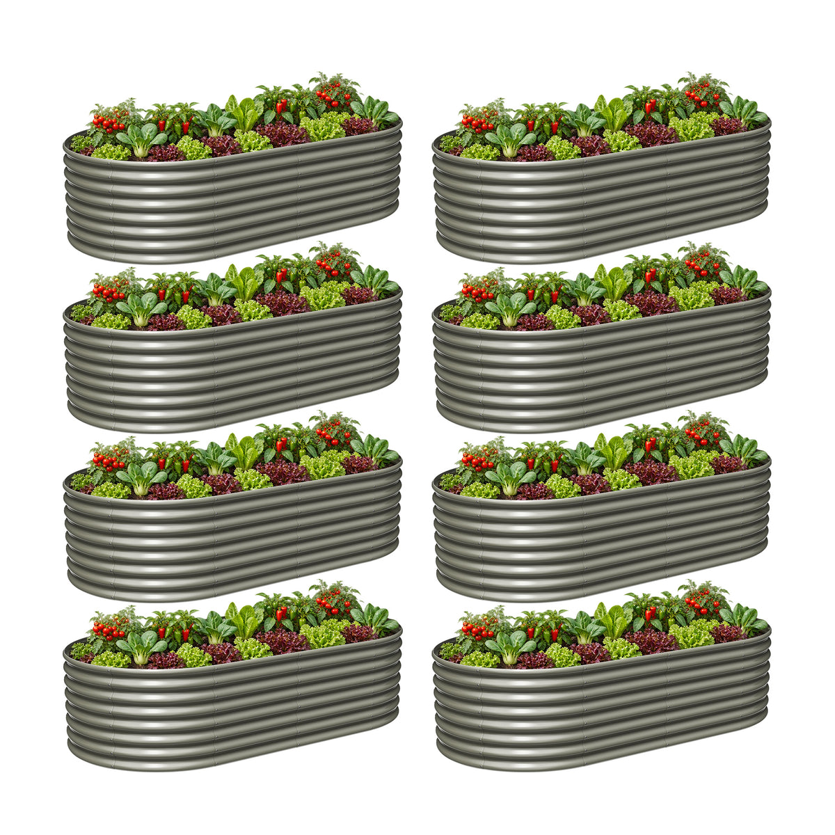 Set of 8: 8x4x2ft Oval Modular Metal Raised Garden Beds (Quartz Gray/Antique White)