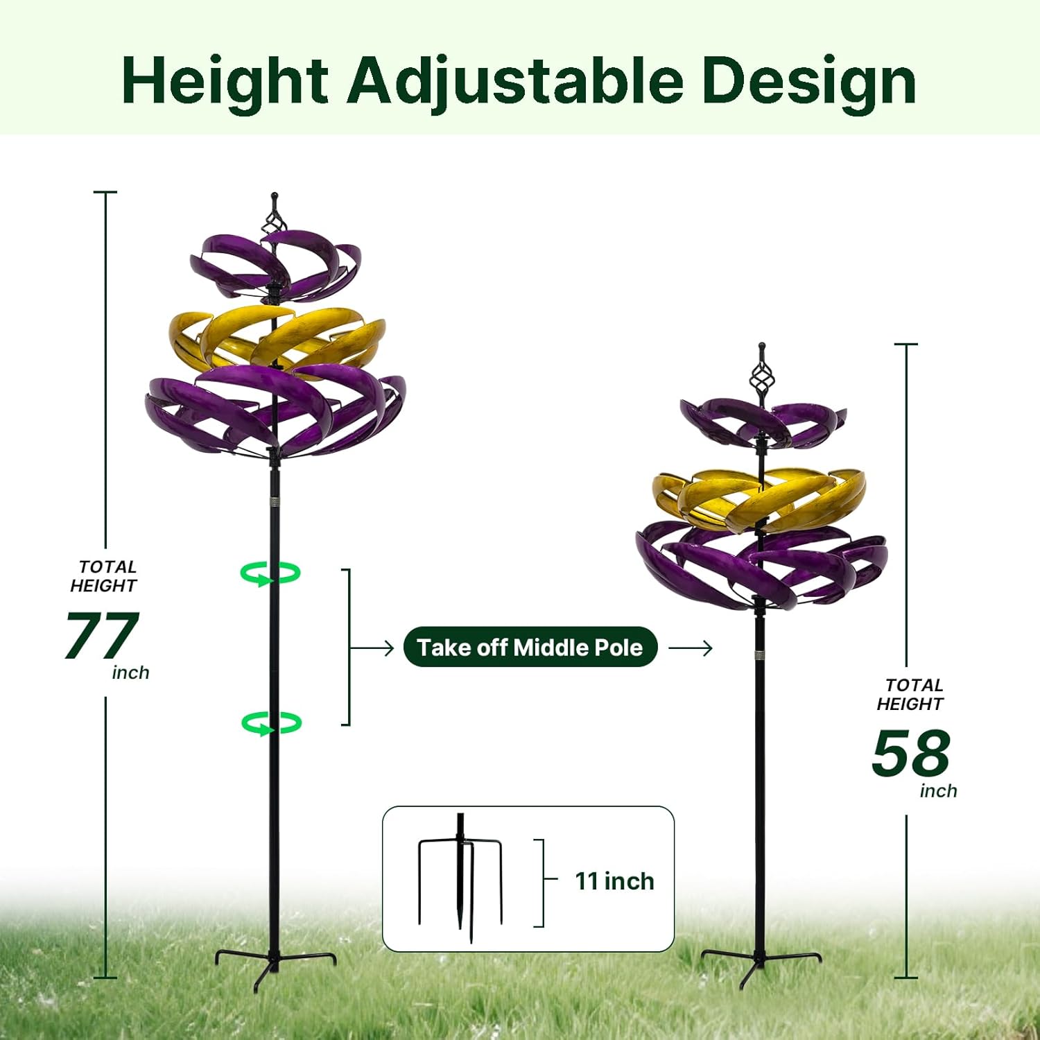 77"  Adjustable Height Metal Kinetic Wind Spinner – Large 360° Swivel Outdoor Garden Wind Sculpture(WS01)