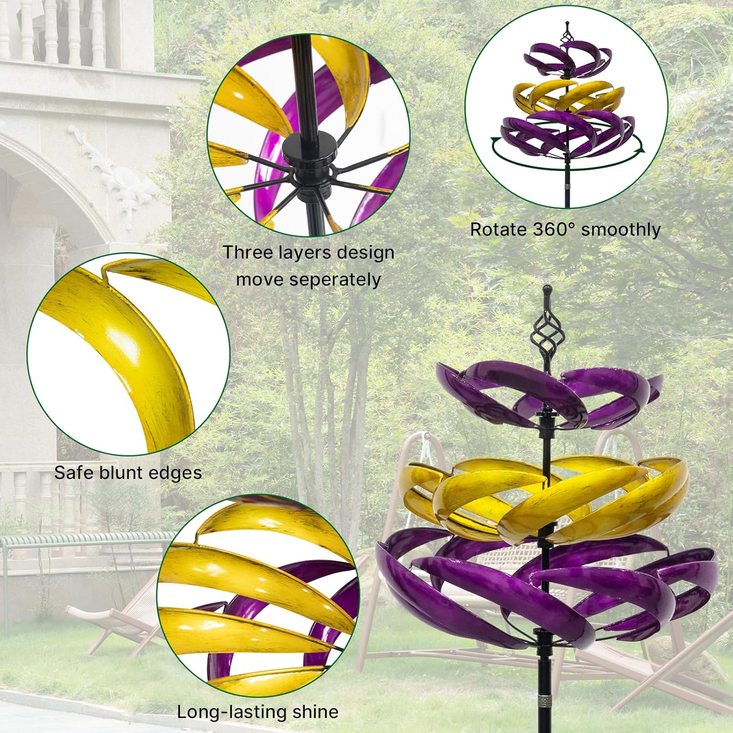 77"  Adjustable Height Metal Kinetic Wind Spinner – Large 360° Swivel Outdoor Garden Wind Sculpture(WS01)
