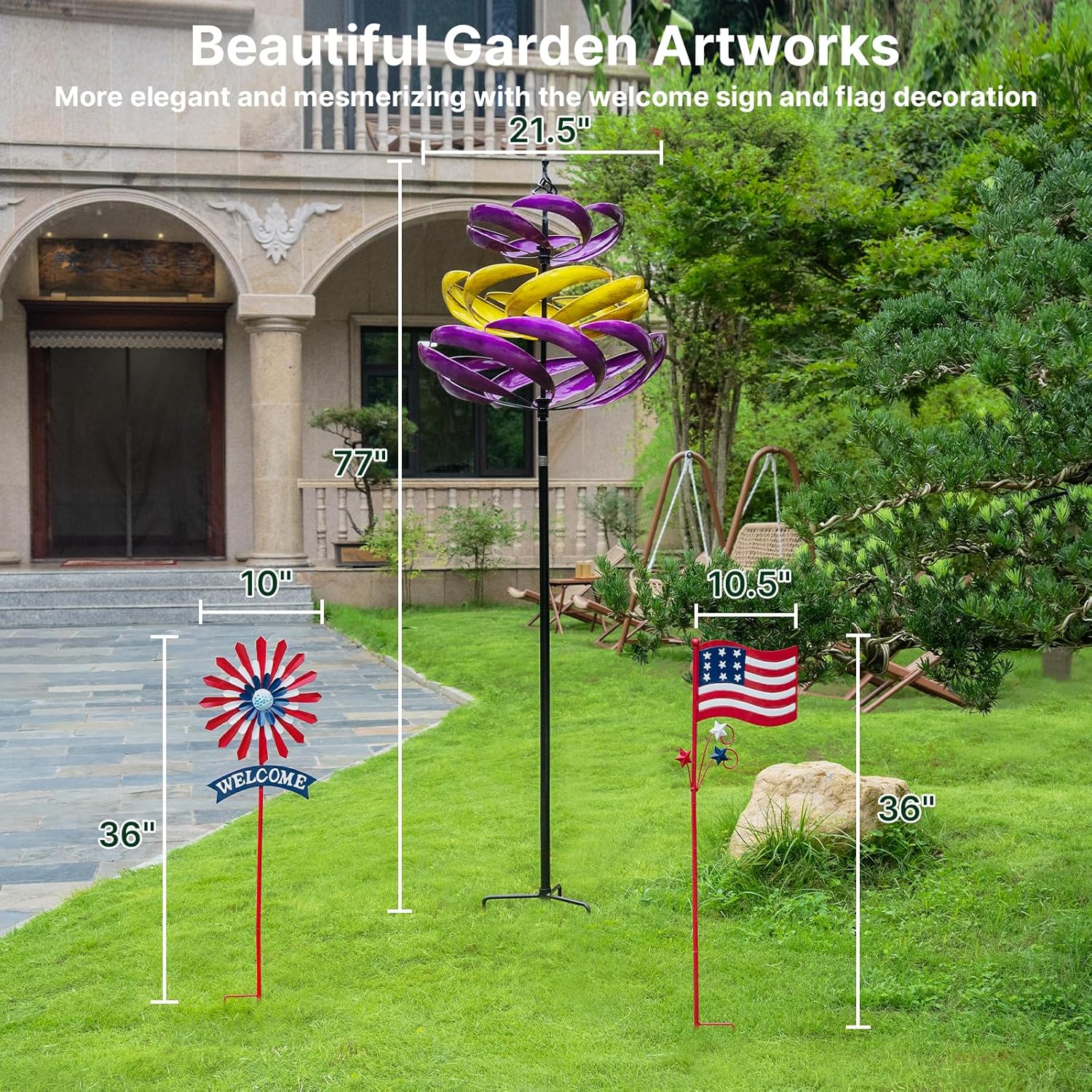 77"  Adjustable Height Metal Kinetic Wind Spinner – Large 360° Swivel Outdoor Garden Wind Sculpture(WS01)