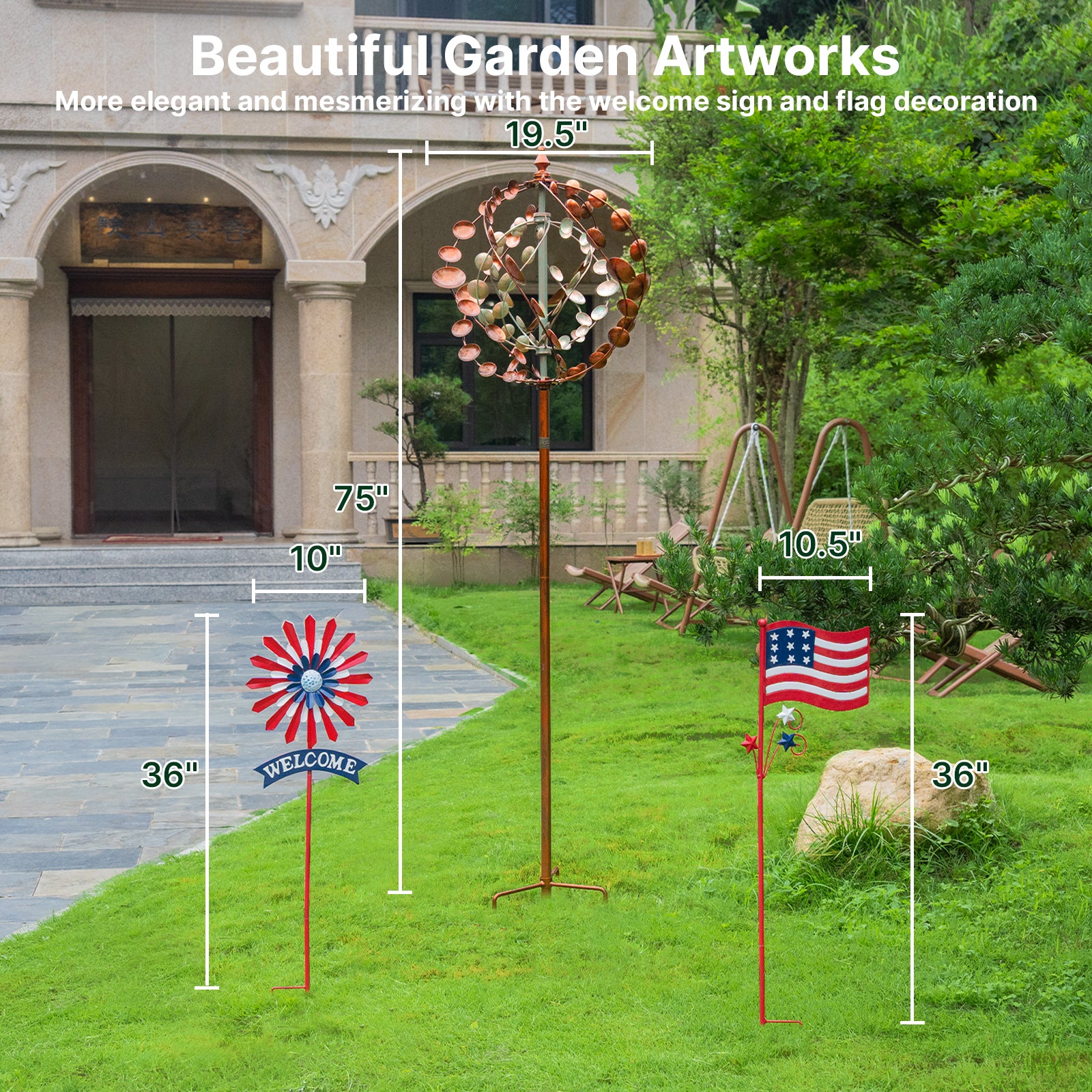75" Adjustable Height Metal Planet Wind Spinner – 360° Swivel Outdoor Garden Sculpture