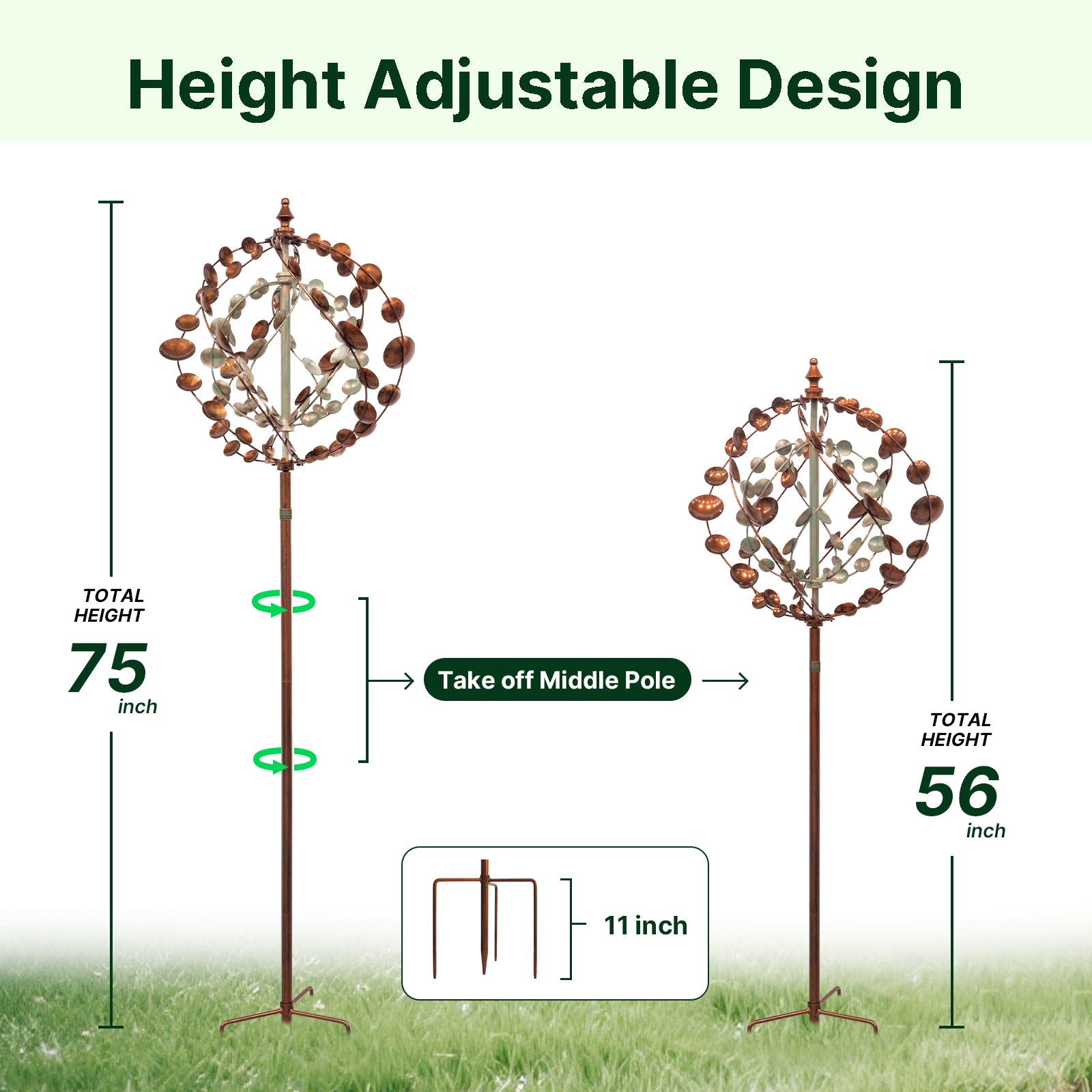 75" Adjustable Height Metal Planet Wind Spinner – 360° Swivel Outdoor Garden Sculpture