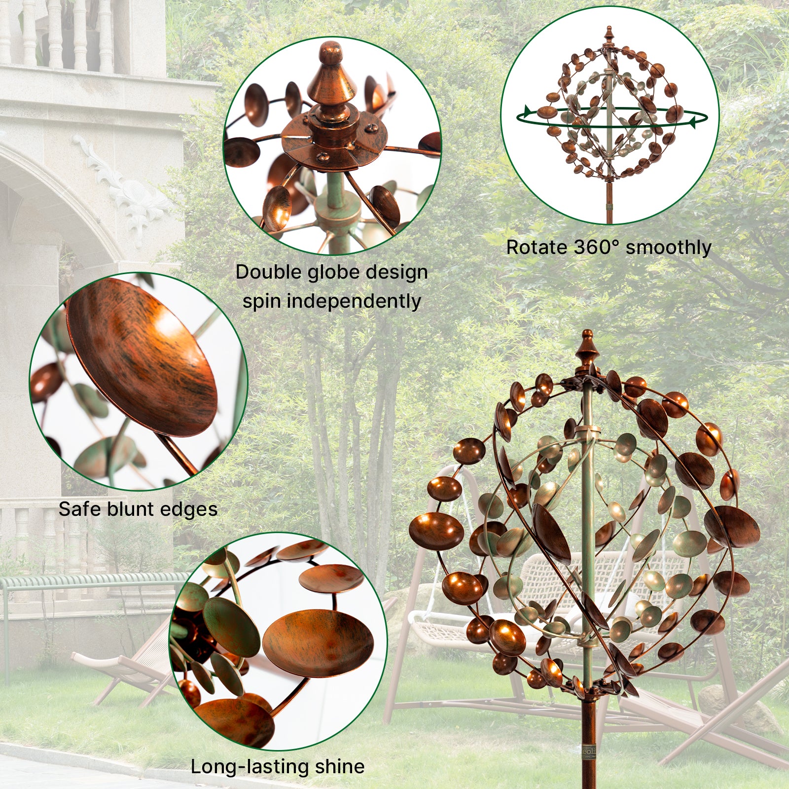75" Adjustable Height Metal Planet Wind Spinner – 360° Swivel Outdoor Garden Sculpture