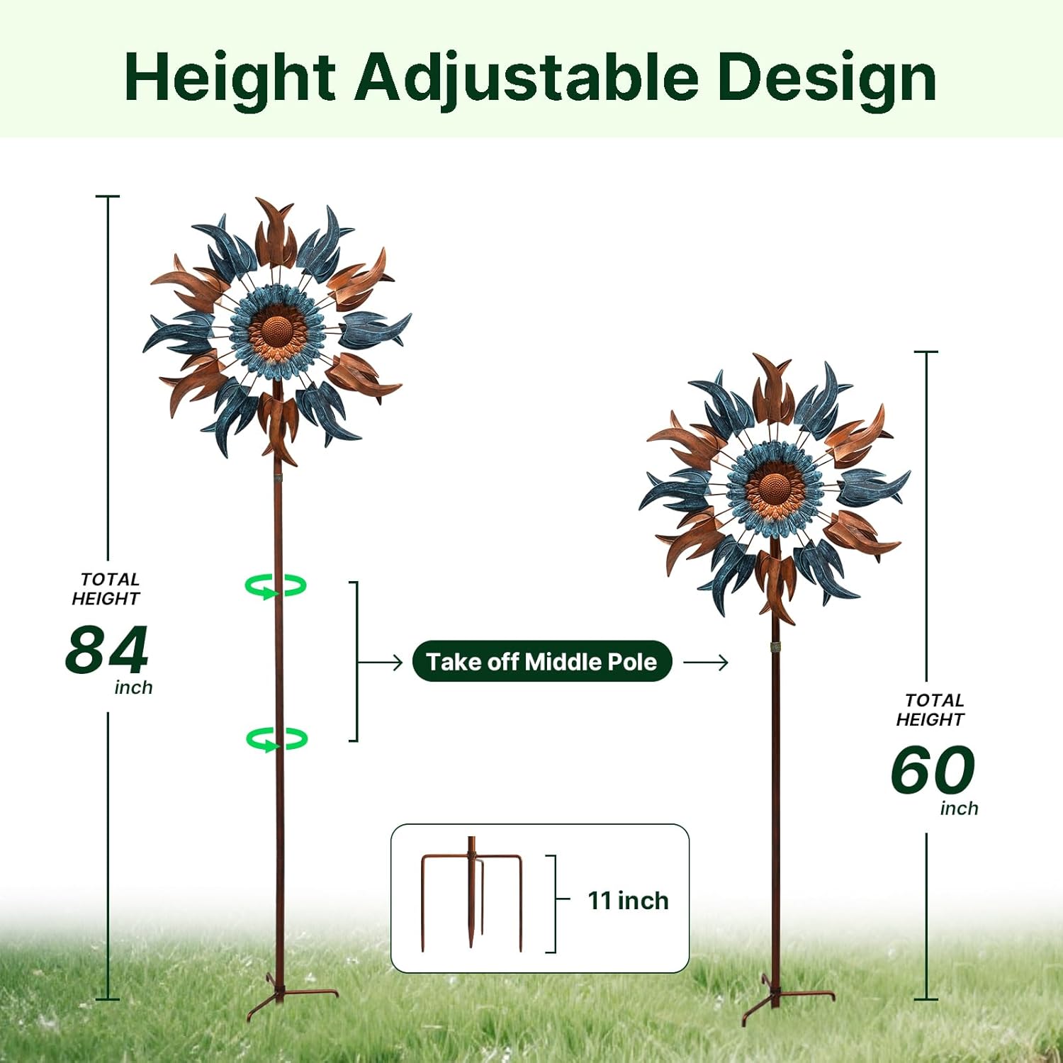 84" / 60" Adjustable Height Outdoor Kinetic Wind Spinner – Large Metal Garden Wind Sculpture (WS03)