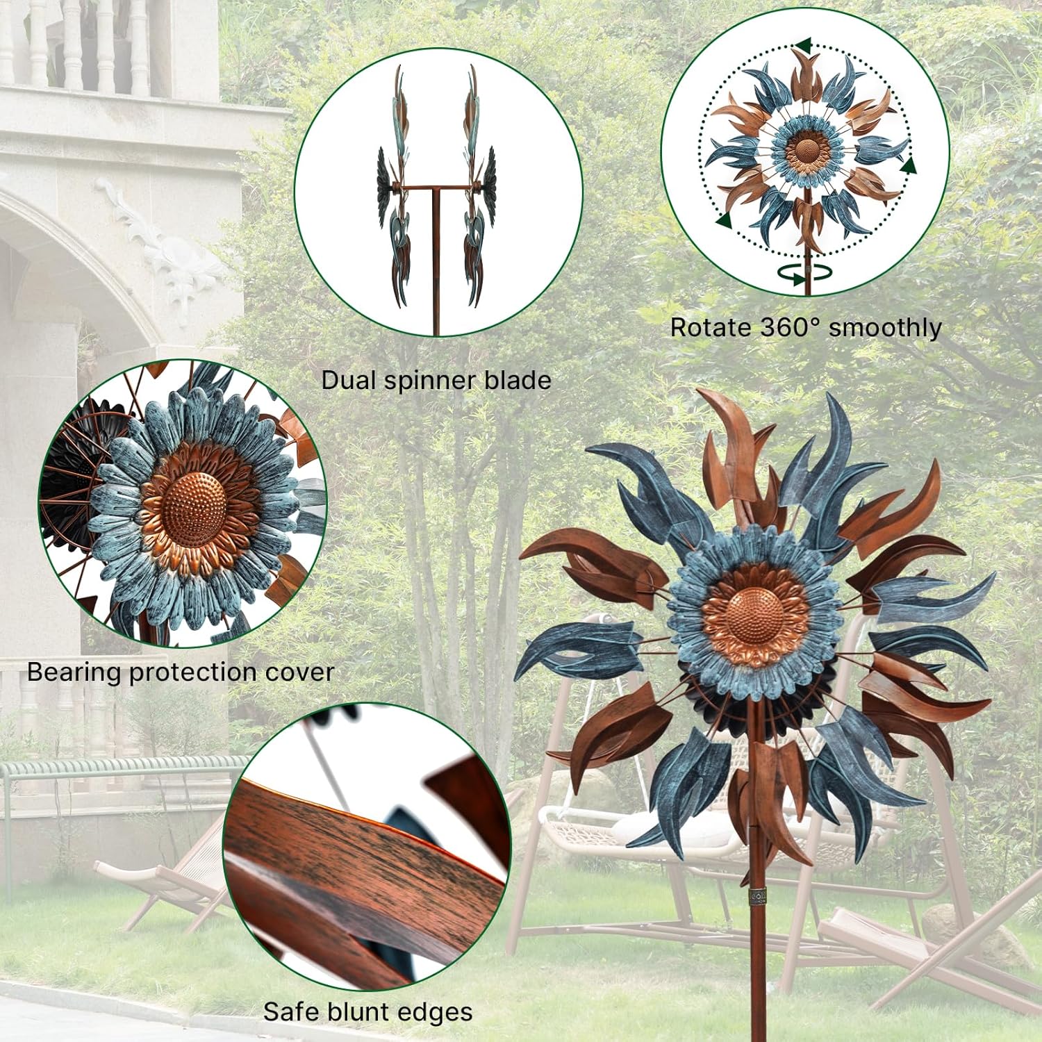 84" / 60" Adjustable Height Outdoor Kinetic Wind Spinner – Large Metal Garden Wind Sculpture (WS03)