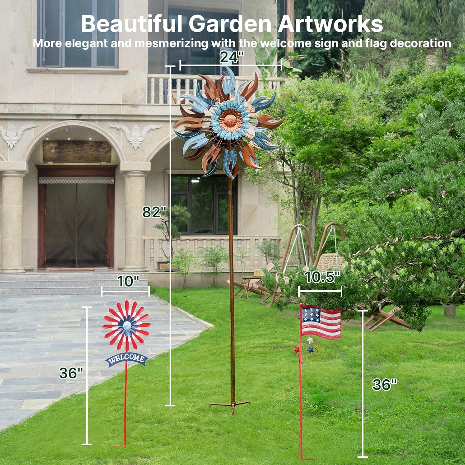 84" / 60" Adjustable Height Outdoor Kinetic Wind Spinner – Large Metal Garden Wind Sculpture (WS03)