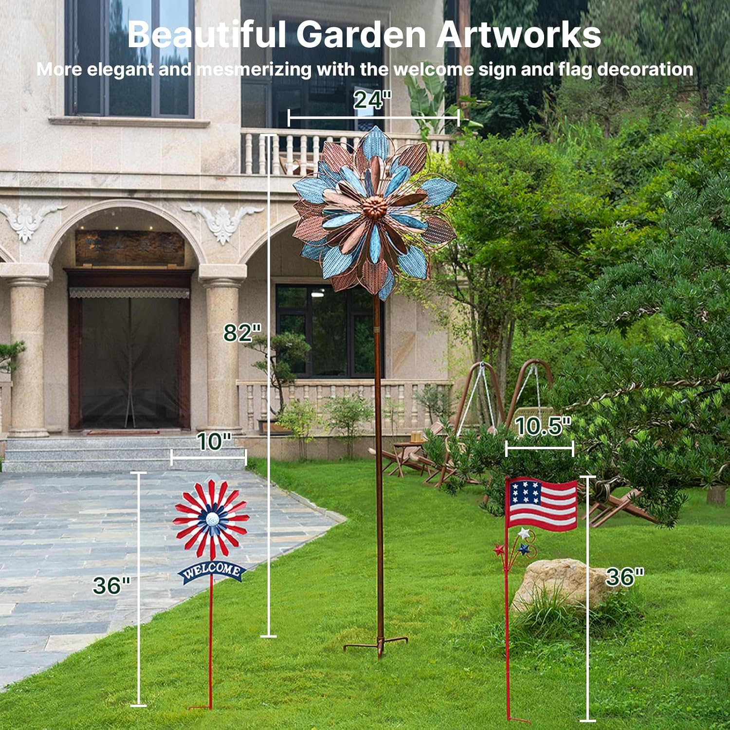 84" / 60" Adjustable Height Outdoor Kinetic Wind Spinner – Large Metal Garden Wind Sculpture (WS05)