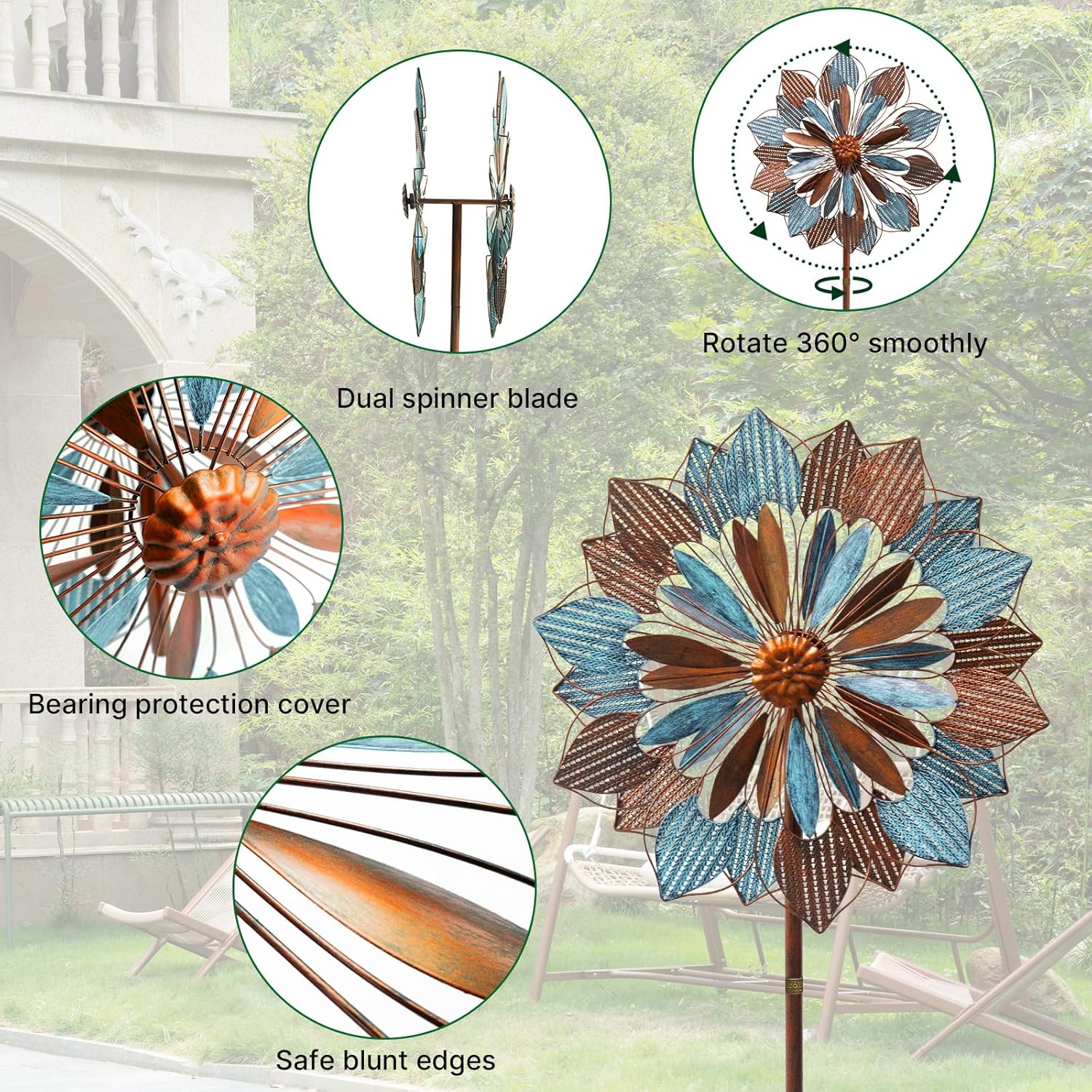 84" / 60" Adjustable Height Outdoor Kinetic Wind Spinner – Large Metal Garden Wind Sculpture (WS05)