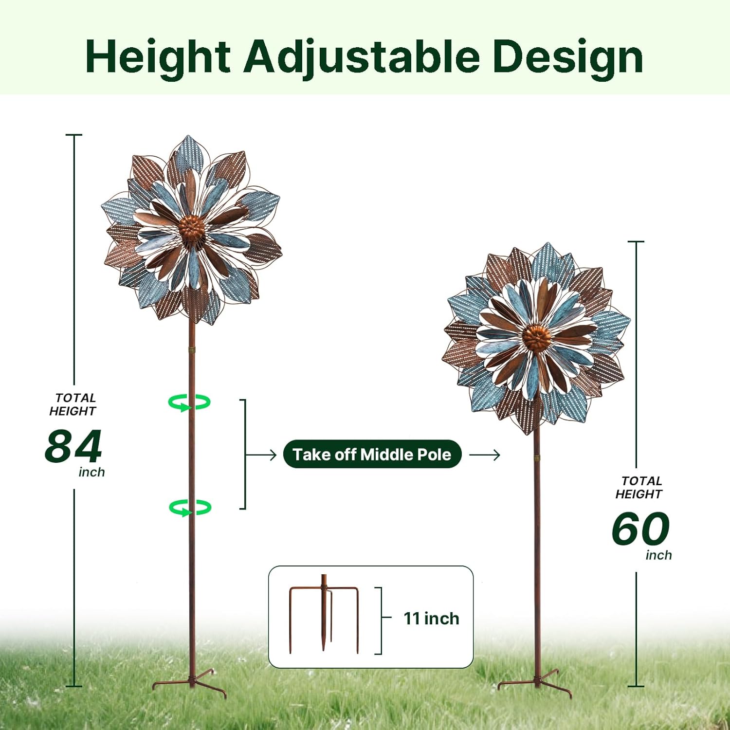 84" / 60" Adjustable Height Outdoor Kinetic Wind Spinner – Large Metal Garden Wind Sculpture (WS05)