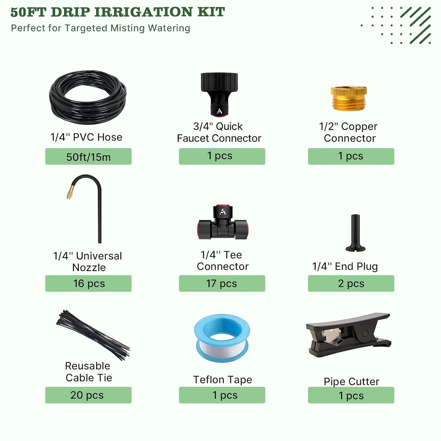 50FT Garden Drip & Mist Irrigation Kit with Adjustable Nozzles