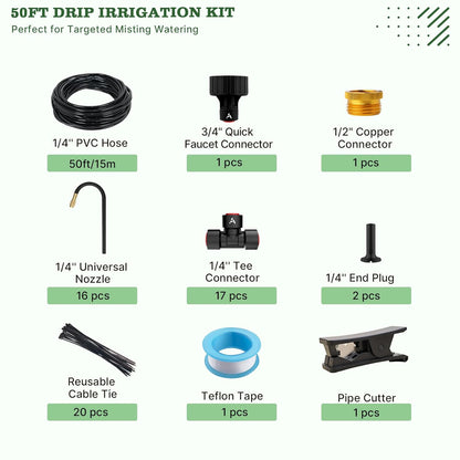 50FT Garden Drip & Mist Irrigation Kit with Adjustable Nozzles