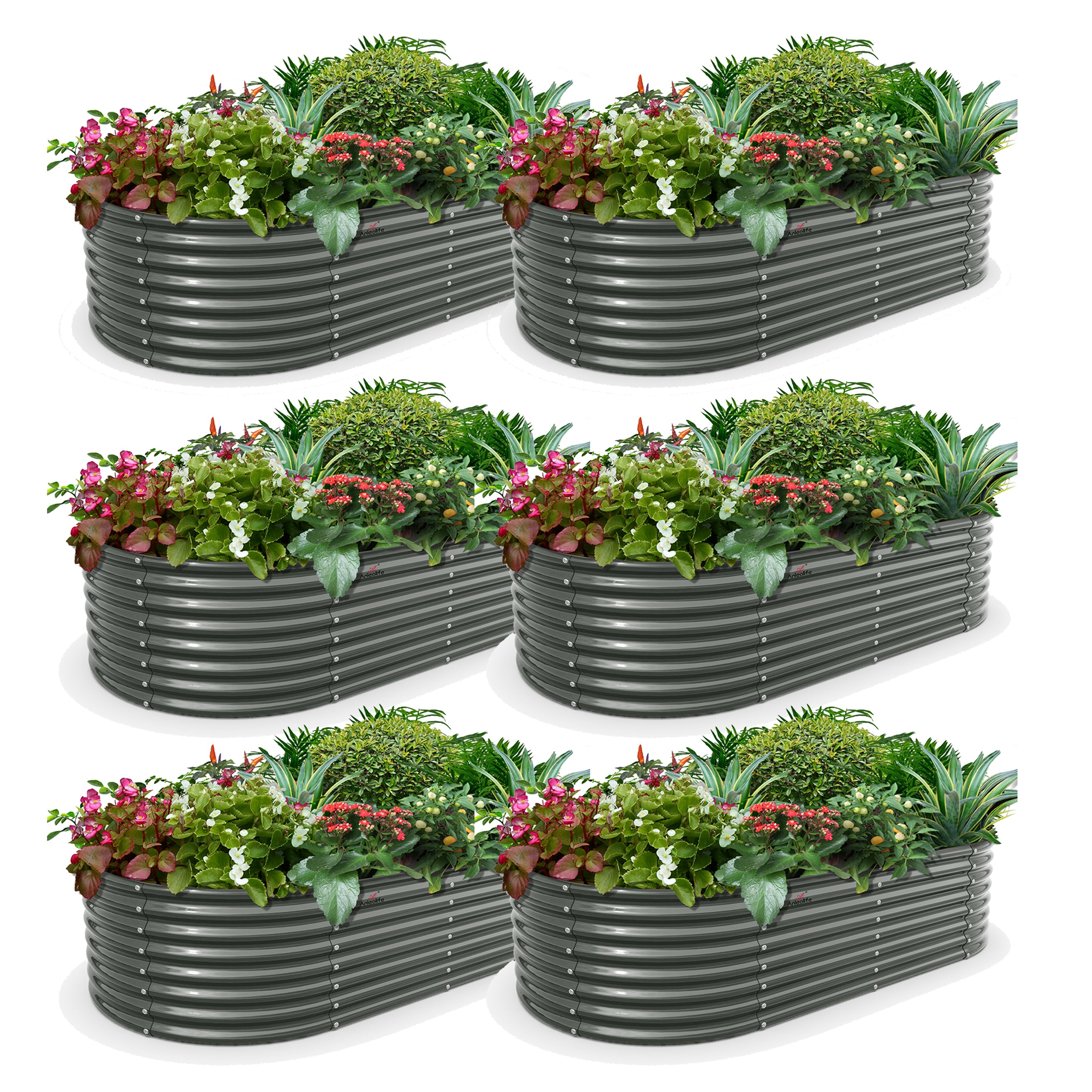 Set of 6: 6x3x2ft Oval Galvanized Metal Raised Garden Beds (Quartz Gray)