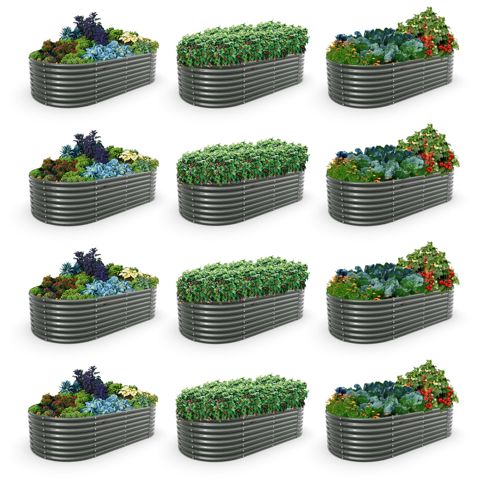 Set of 12: 8x4x2ft Oval Modular Metal Raised Garden Beds (Quartz Gray)