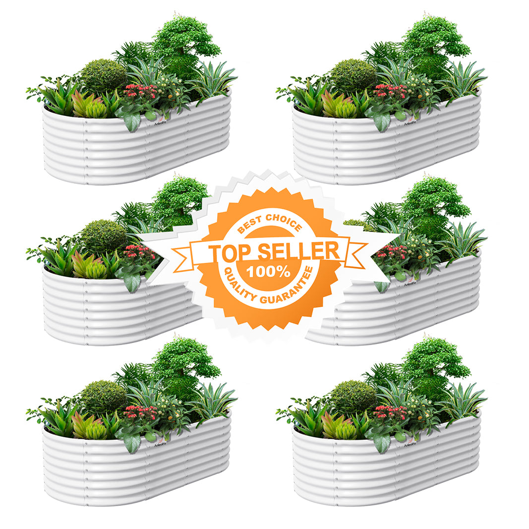 Set of 6: 8x4x2ft Oval Modular Metal Raised Garden Beds (Classic White)