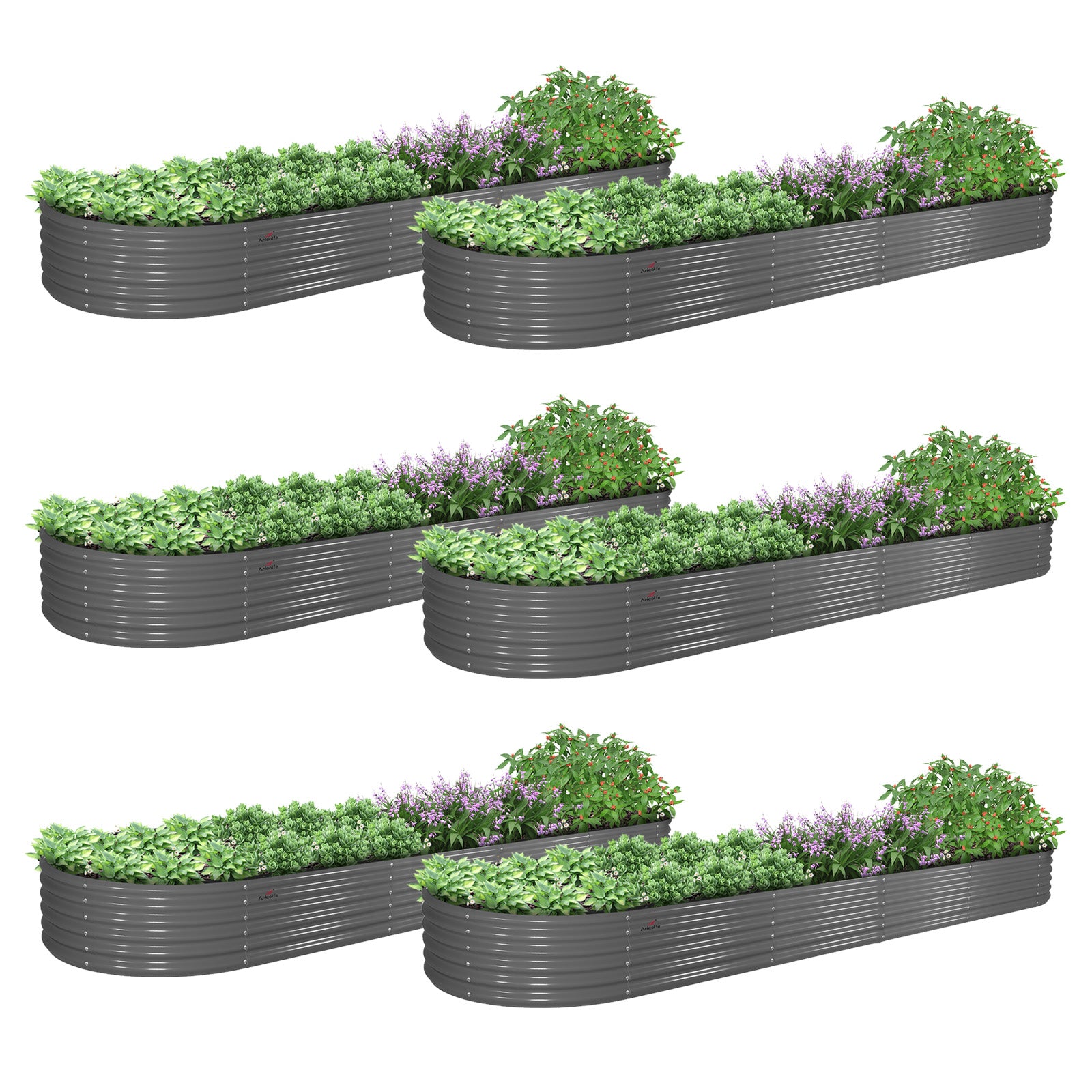 Set of 6: 12x3x1.5ft Oval Modular Metal Raised Garden Bed (Quartz Gray)